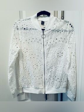 White Eyelet Bomber Jacket - SHEIN